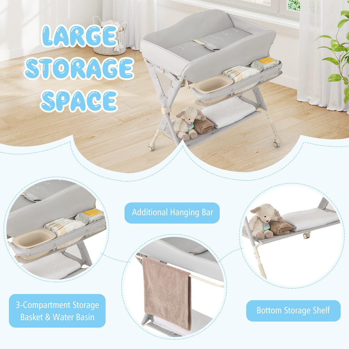 Portable Foldable Baby Changing Table with Wheels S931081