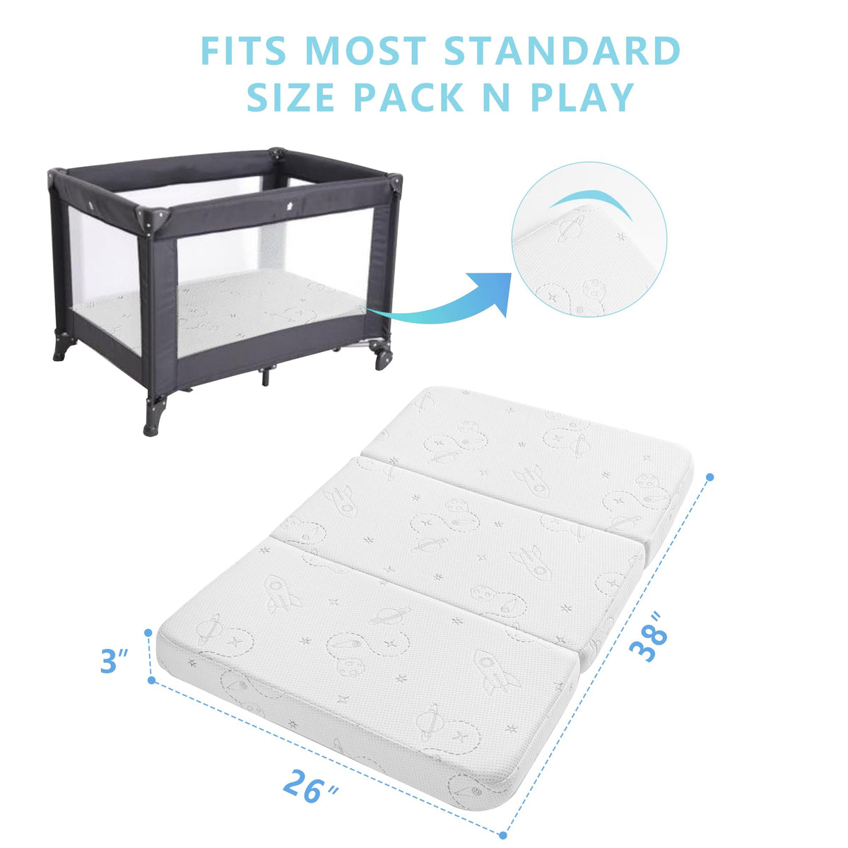 Trifold Pack and Play Mattress 38''x26'' with Washable Cover and Travel Bag I626