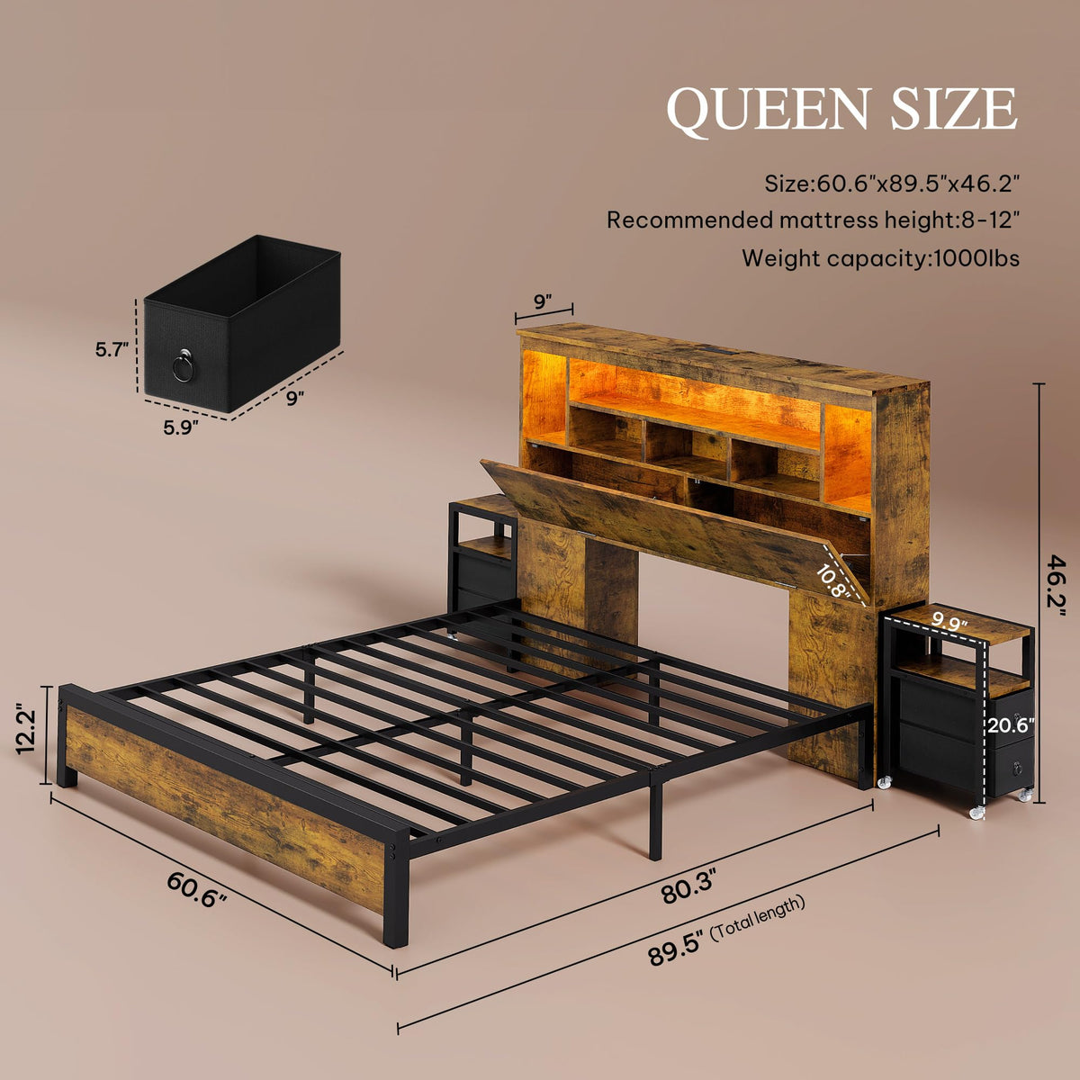 Queen Size Bed Frame with Storage Bookcase Headboard S62487