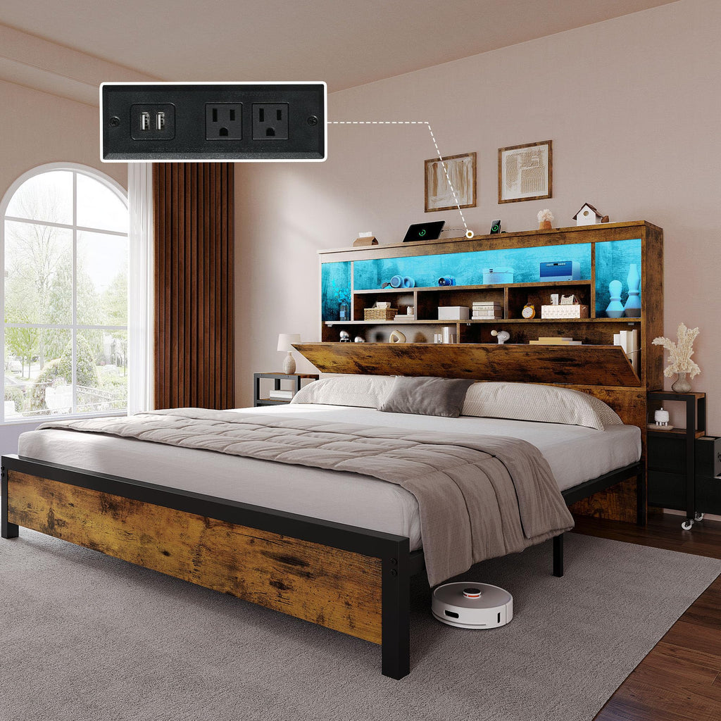 Queen Size Bed Frame with Storage Bookcase Headboard S62487