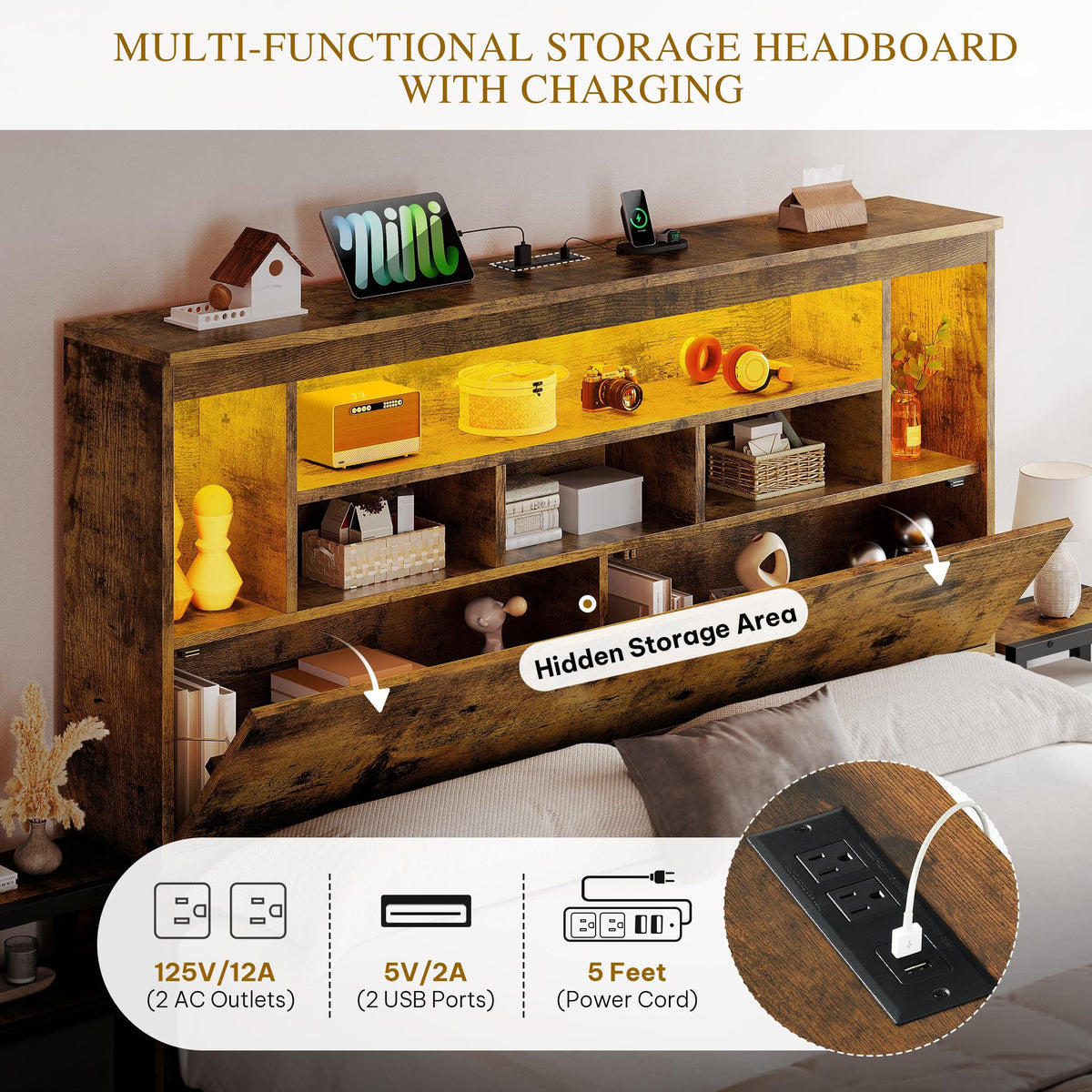 Queen Size Bed Frame with Storage Bookcase Headboard S62487