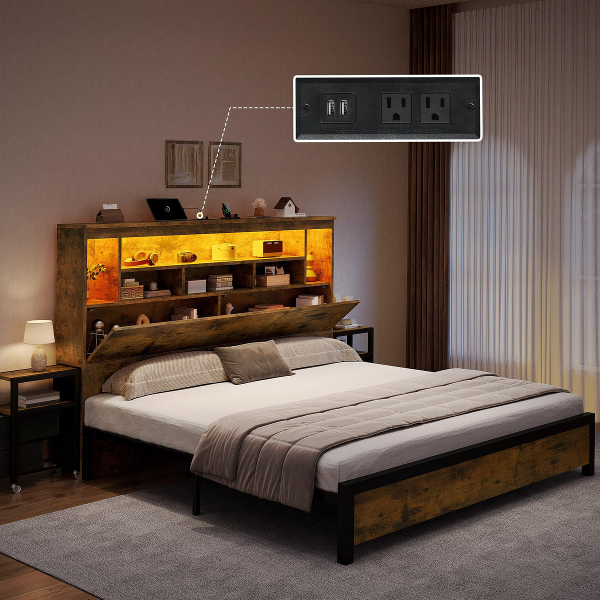Queen Size Bed Frame with Storage Bookcase Headboard S62487