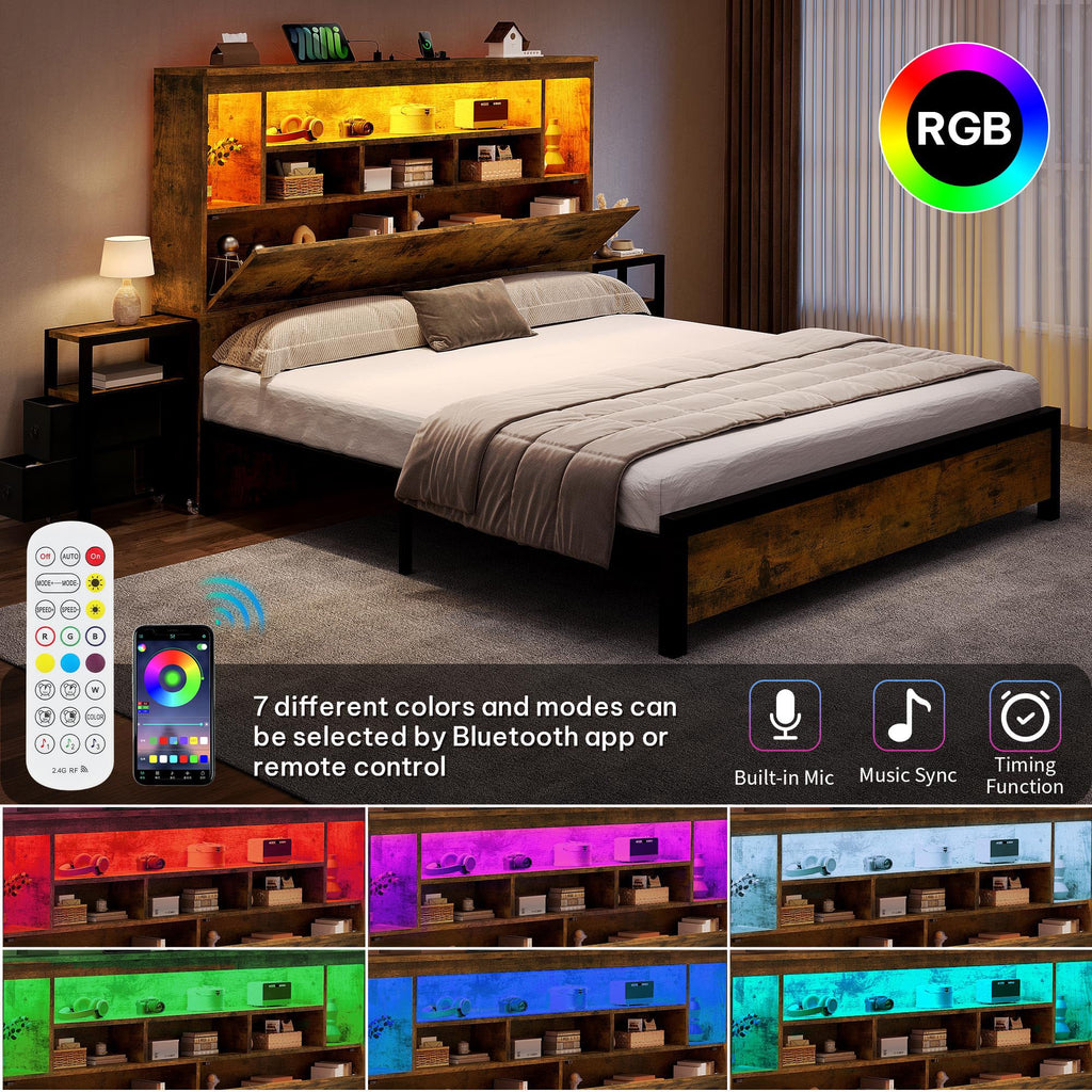 Queen Size Bed Frame with Storage Bookcase Headboard S62487